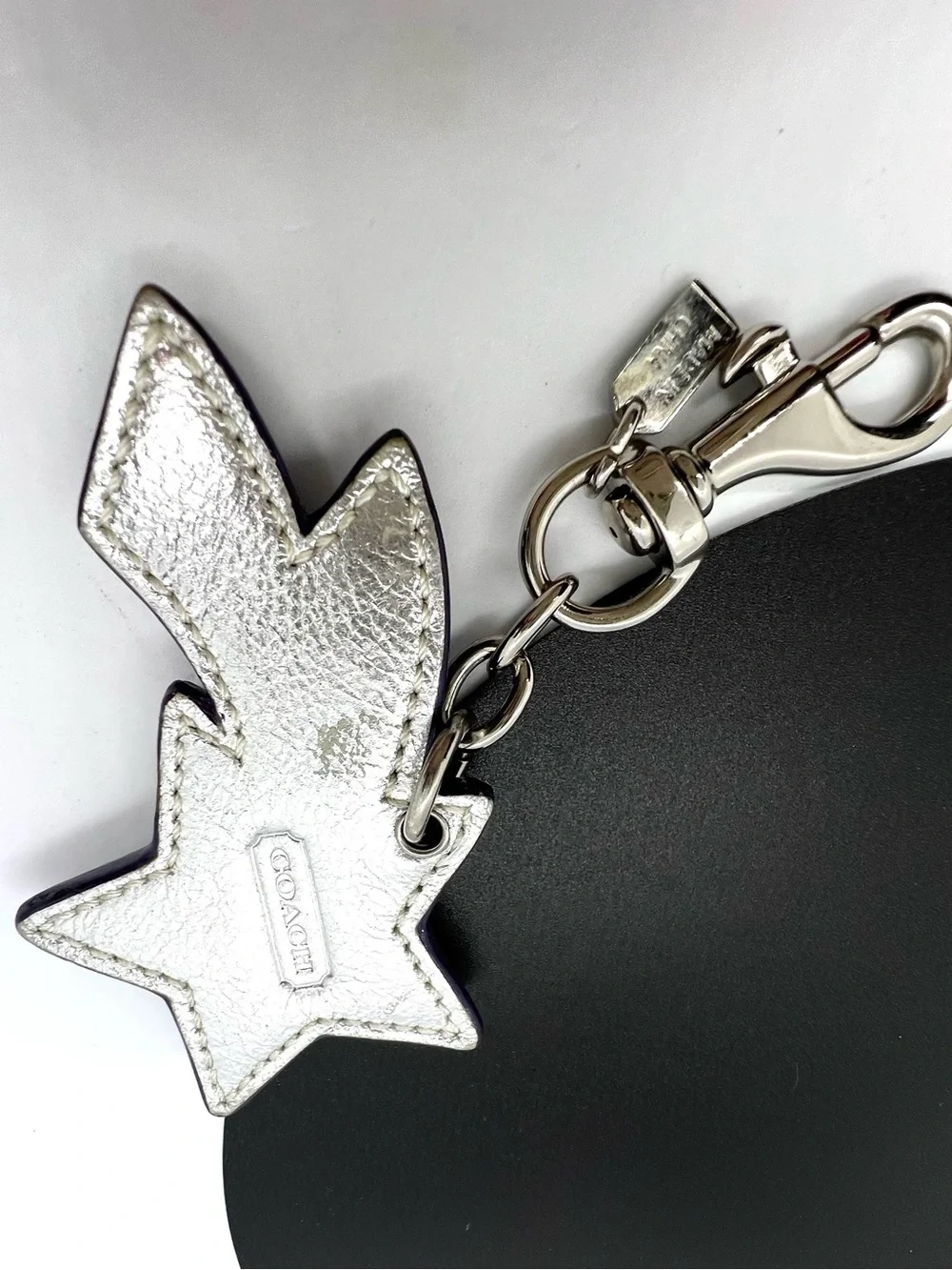 Authentic Coach Shooting Star Metallic Leather Rhinestone Bag Charm Keychain